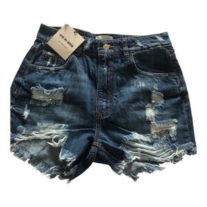 High-Waisted  Grunge Blue Jean Shorts w Distressed Details.